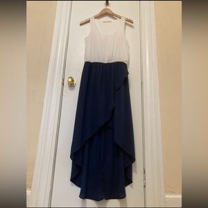 Malloy Sleeveless White and Navy Layered High-Low Dress